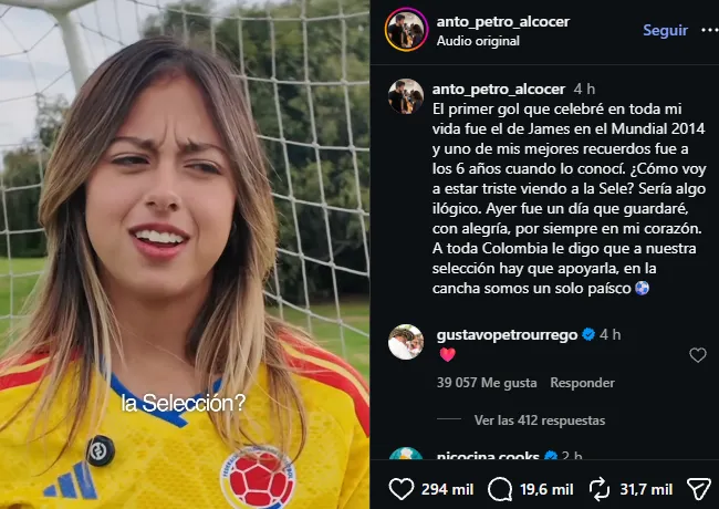 Se puede ver el comentario de Gustavo Petro por la publicación de Antonella sobre James Rodríguez (Instagram @anto_petro_alcocer).