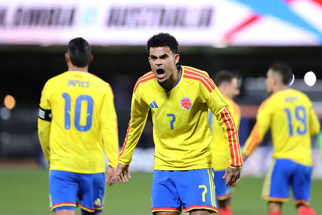 NEW YORK, NEW YORK – NOVEMBER 18: Luis Diaz of Colombia celebrates after scoring the team’s second goal during the International Friendly match between Colombia and Australia at Citi Field on November 18, 2025 in New York City. (Photo by Jordan Bank/Getty Images)