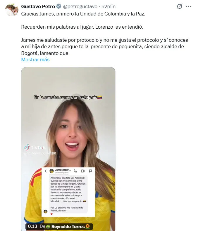 El postero de Petro para James. (Captura de pantalla)