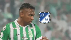 Alfredo Morelos y el escudo de Millonarios.