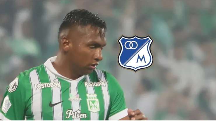 Alfredo Morelos y el escudo de Millonarios.
