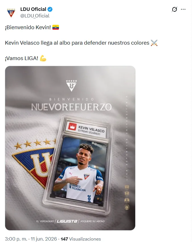 Kevin Velasco fue anunciado en Liga de Quito. (Captura de pantalla)