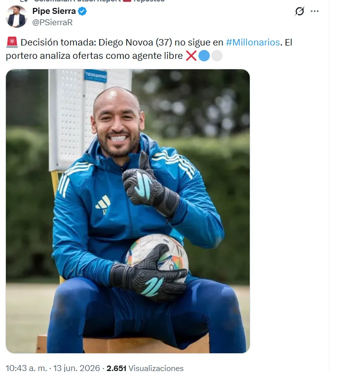 Diego Novoa se marcha de Millonarios. (Captura de pantalla)