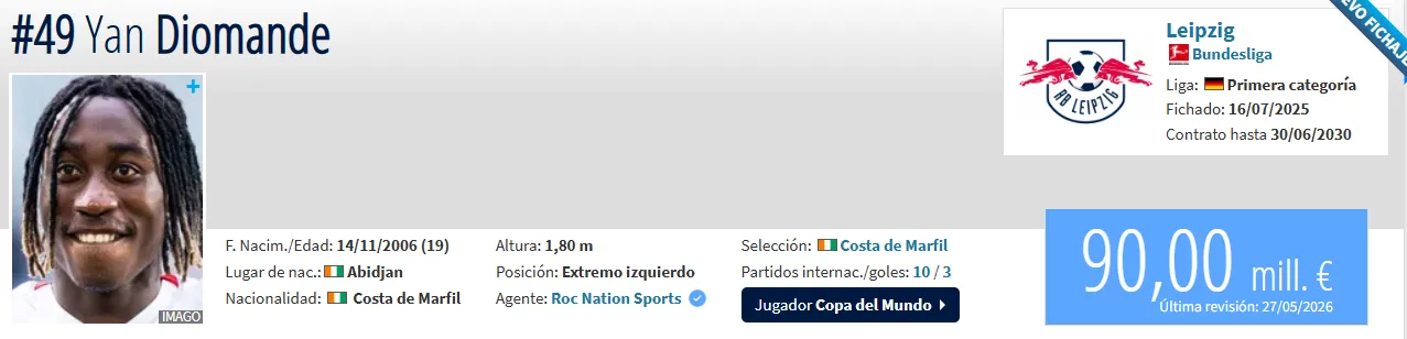 Diomande tiene un valor de 90 millones. (Captura de pantalla)
