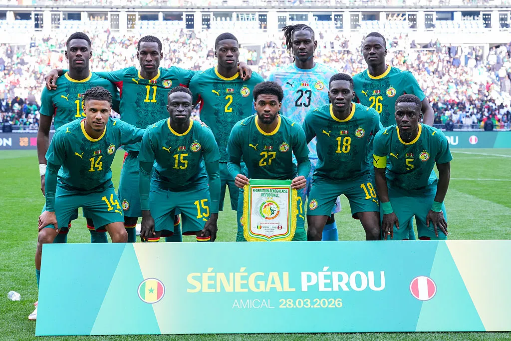 PARIS, FRANCE – MARCH 28: pose for a team photograph prior to  the international friendly match between Senegal and Peru at Stade de France on March 28, 2026 in Paris, France. (Photo by Franco Arland/Getty Images)