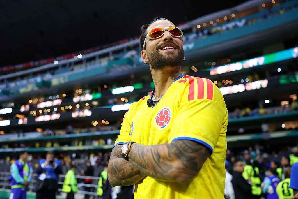 MEXICO CITY, MEXICO - JUNE 17: Singer and rapper Maluma attends the FIFA World Cup 2026 Group K match between Uzbekistan and Colombia at Mexico City Stadium on June 17, 2026 in Mexico City, Mexico. (Photo by Carl Recine/Getty Images)