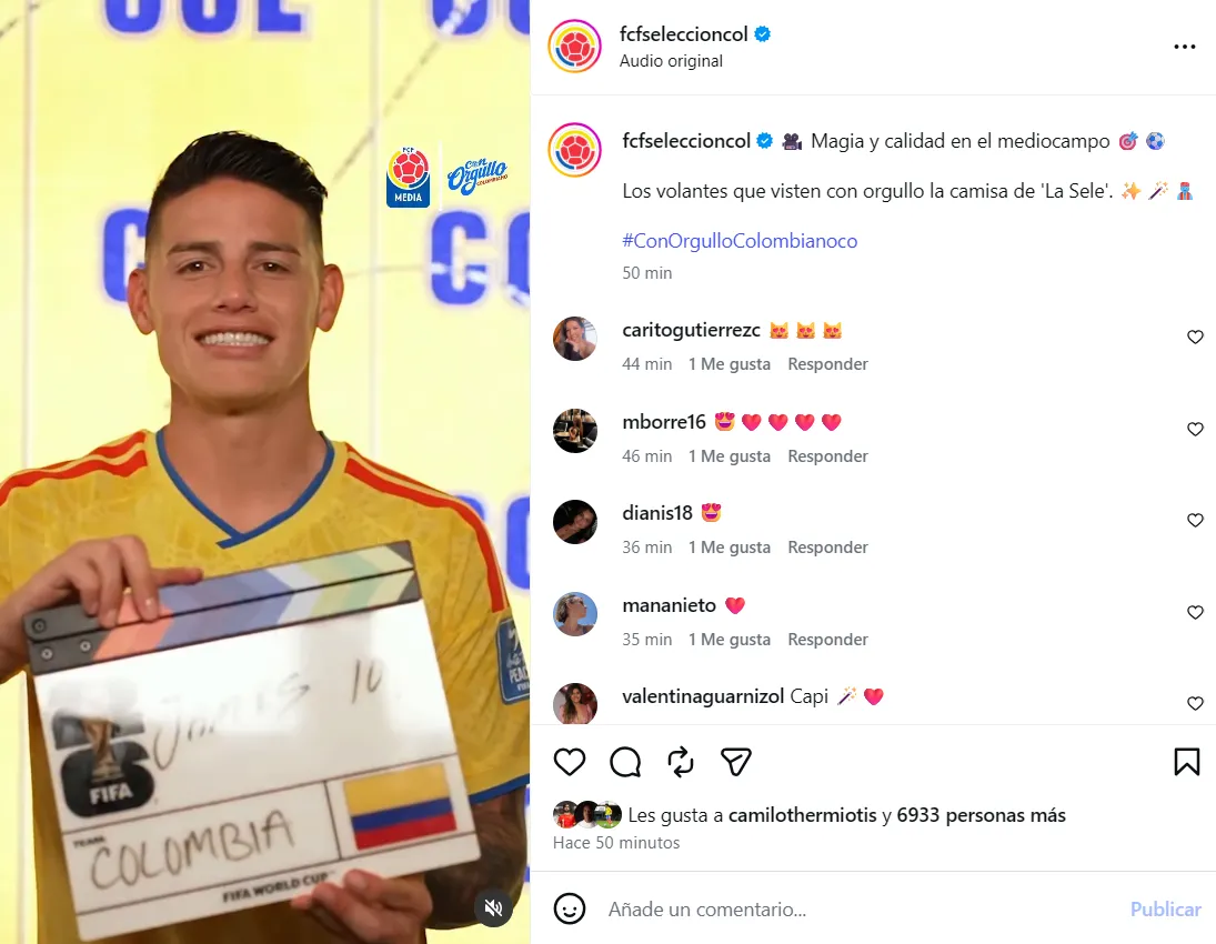 Post de la Selección Con James tras derrota de Cepeda. (Foto: Instagram / @fcfseleccioncol)