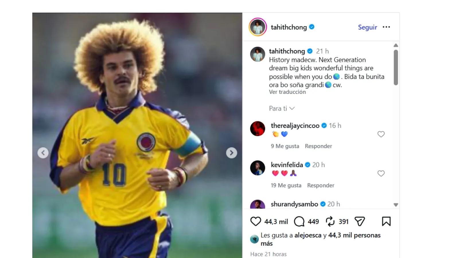 El homenaje de Cong a Valderrama tras el empate ante Ecuador: TW
