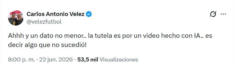La prueba de Vélez a favor de James. (Foto: X / @velezfutbol)