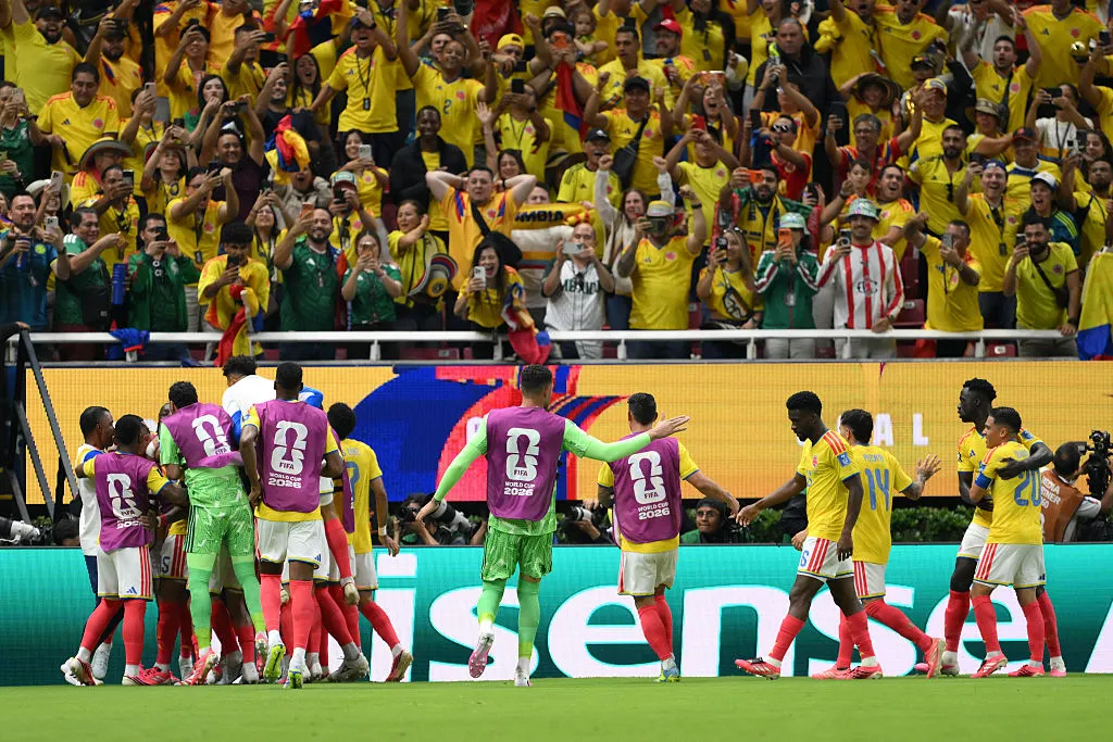 ZAPOPAN, MEXICO - JUNE 23: Daniel Munoz #2 of Colombia celebrates with teammates after scoring the team's first goal during the FIFA World Cup 2026 Group K match between Colombia and Congo DR at Guadalajara Stadium on June 23, 2026 in Zapopan, Mexico. (Photo by David Ramos/Getty Images)