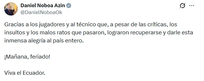 El mensaje del presidente Noboa. (Captura de pantalla)
