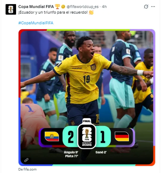 Post de FIFA por triunfo de Ecuador a Alemania (Foto: X / @fifaworldcup_es)