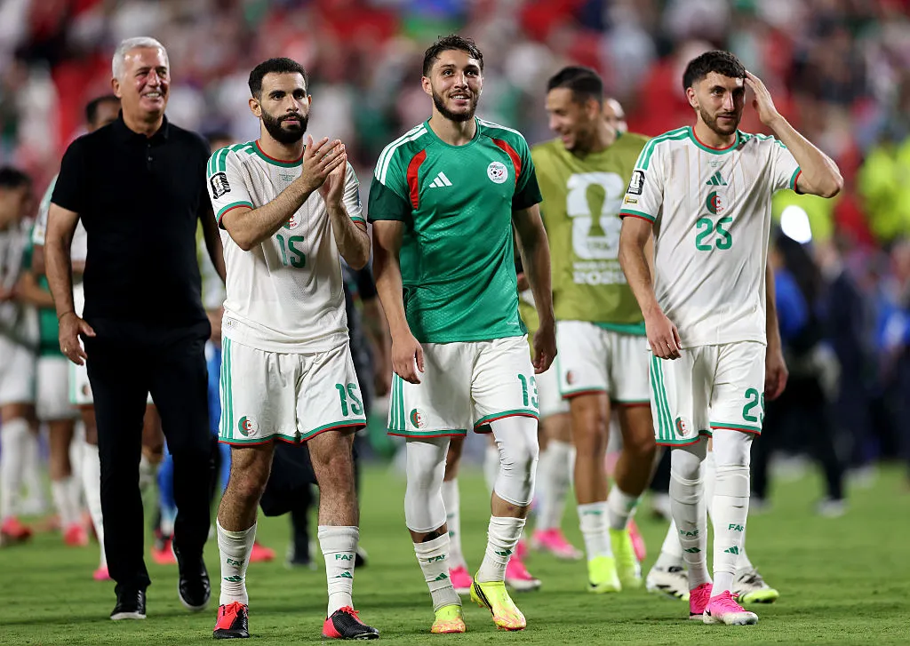 KANSAS CITY, MISSOURI – JUNE 27: Rayan Ait-Nouri #15, Jaouen Hadjam #13 and Fares Ghedjemis #25 of Algeria applaud fans after the 3-3 draw during the FIFA World Cup 2026 Group J match between Algeria and Austria at Kansas City Stadium on June 27, 2026 in Kansas City, Missouri. (Photo by Michael Steele/Getty Images)