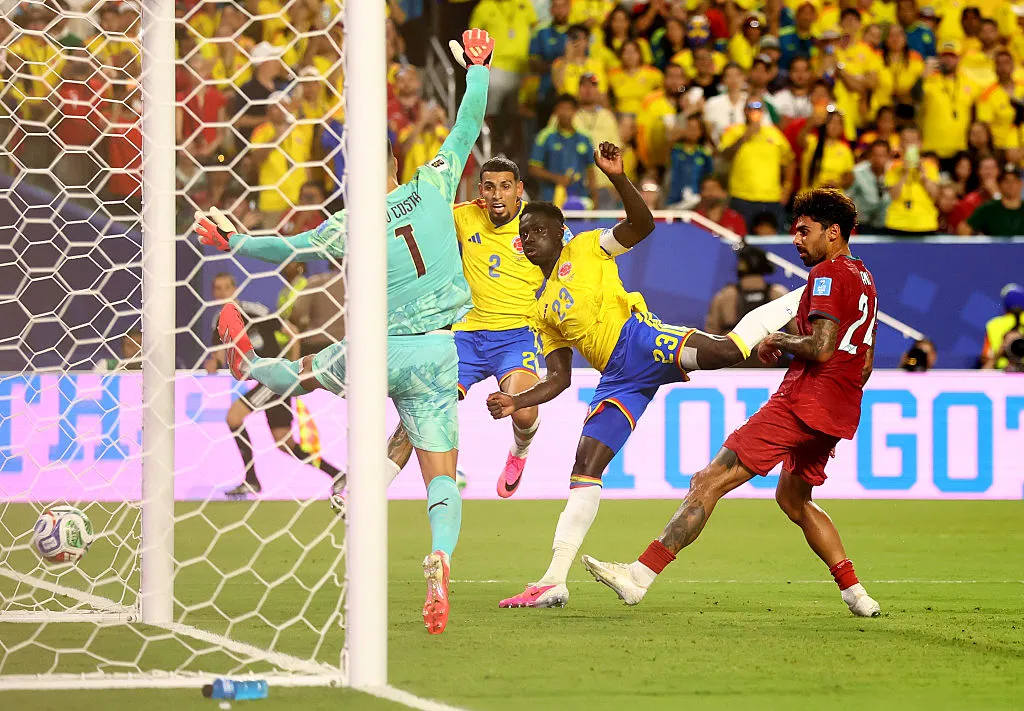 MIAMI GARDENS, FLORIDA – JUNE 27: Davinson Sanchez #23 of Colombia heads to score a goal, disallowed due to offside during the FIFA World Cup 2026 Group K match between Colombia and Portugal at Miami Stadium on June 27, 2026 in Miami Gardens, Florida. (Photo by Robert Cianflone/Getty Images)