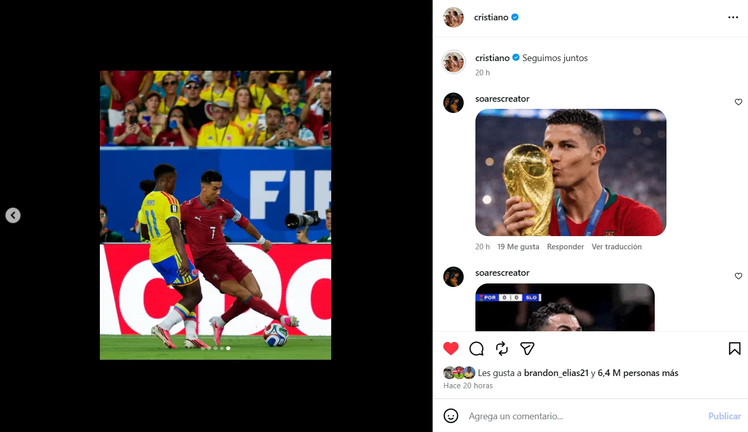 Post de CR7 con Jhon Arias. (Foto: Instagram / @cristiano)