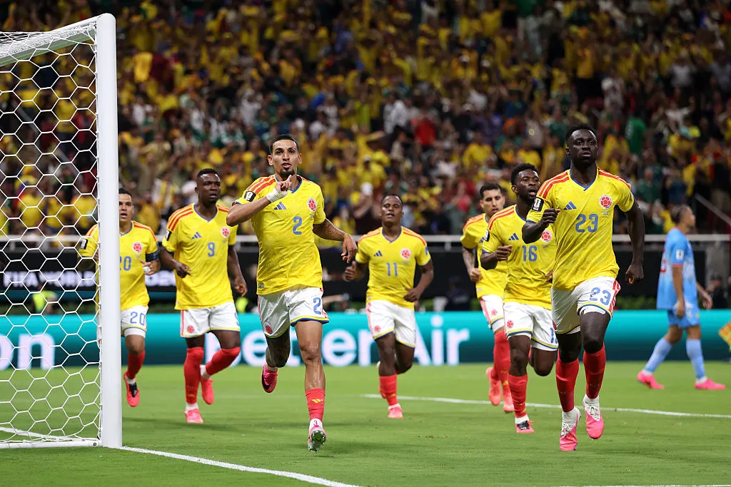 ZAPOPAN, MEXICO – JUNE 23: Daniel Munoz #2 of Colombia celebrates with teammates after scoring the team’s first goal during the FIFA World Cup 2026 Group K match between Colombia and Congo DR at Guadalajara Stadium on June 23, 2026 in Zapopan, Mexico. (Photo by Carl Recine/Getty Images)