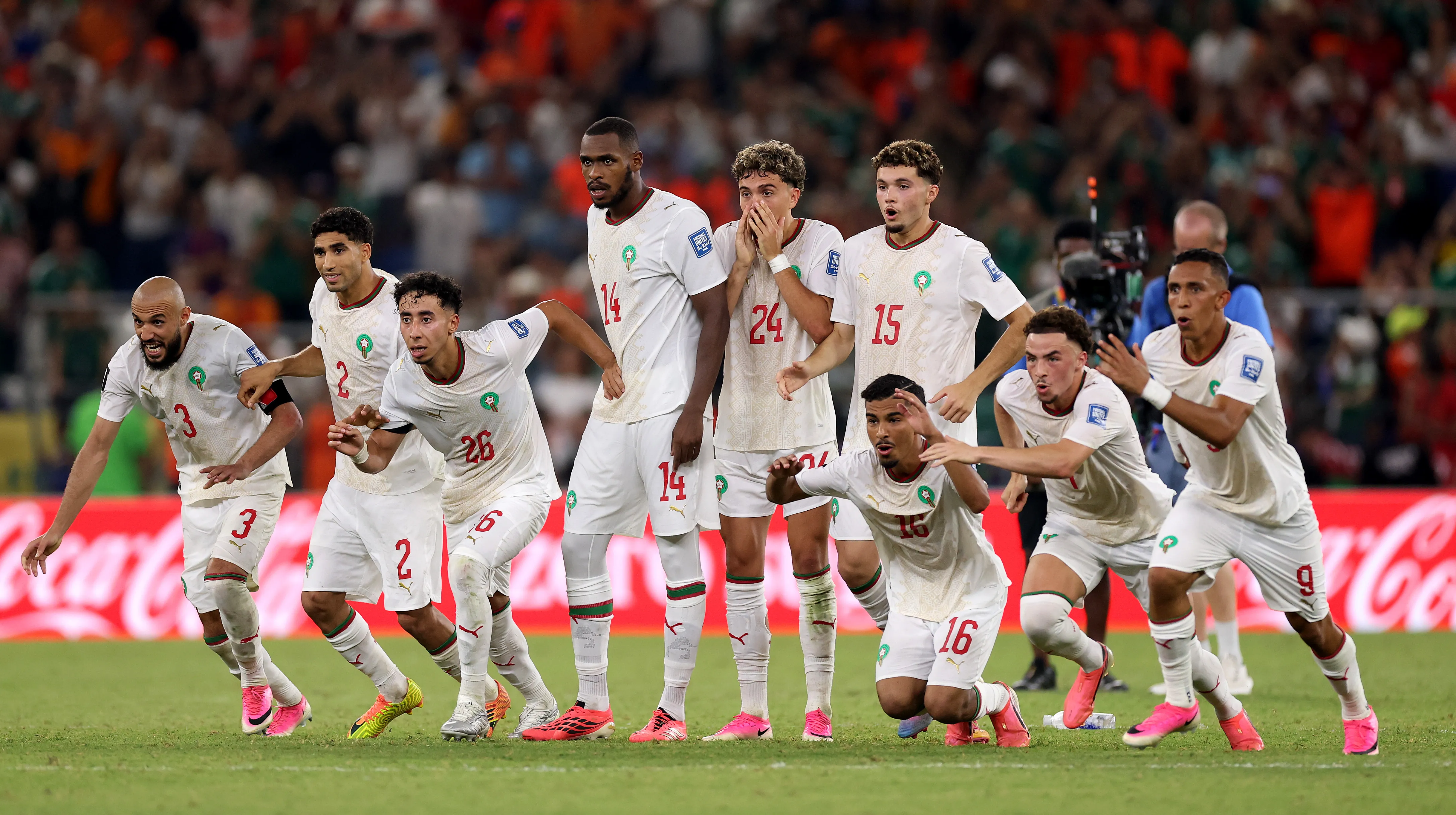 GUADALUPE, MEXICO - JUNE 29: Players of Morocco dash as Ismael Saibari #11 of Morocco scores the team's fifth and winning penalty during hte penalty shootout in the FIFA World Cup 2026 Round of 32 match between Netherlands and Morocco at Monterrey Stadium on June 29, 2026 in Guadalupe, Mexico. (Photo by Carl Recine/Getty Images)
