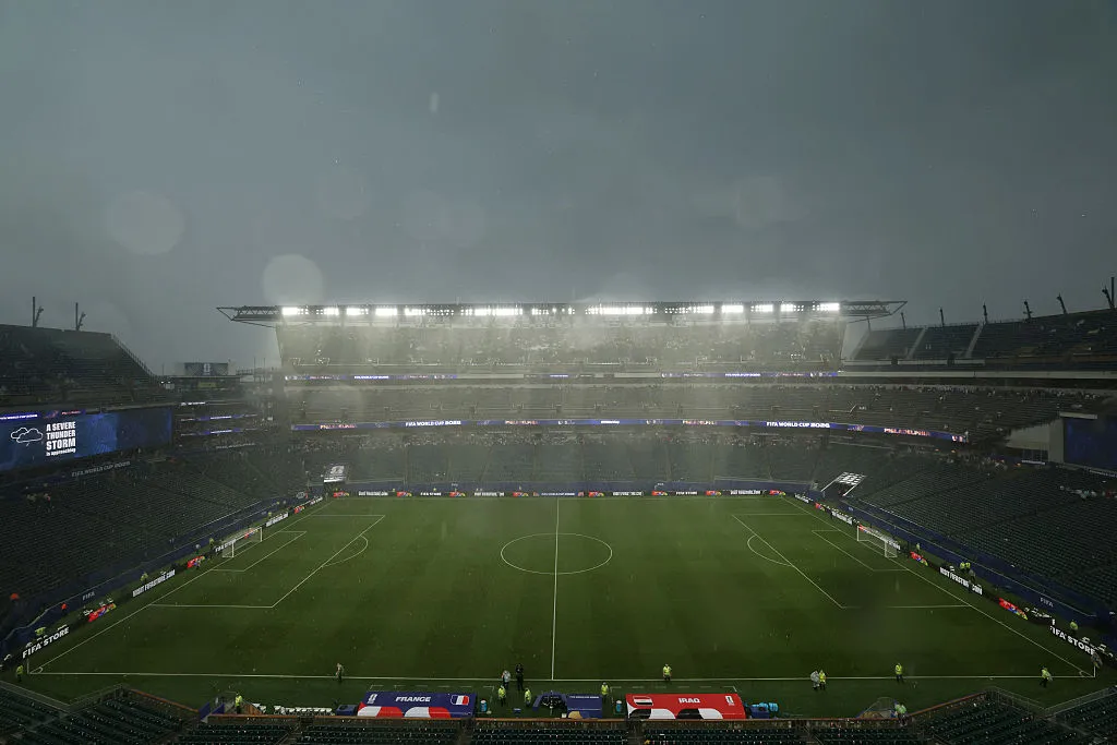 PHILADELPHIA, PENNSYLVANIA – JUNE 22: A general view as rain falls during the FIFA World Cup 2026 Group I match between France and Iraq at Philadelphia Stadium on June 22, 2026 in Philadelphia, Pennsylvania. (Photo by Darrian Traynor/Getty Images)