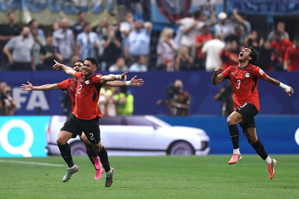 ATLANTA, GEORGIA – JULY 07: Yasser Ibrahim #2 of Egypt celebrates with teammates after scoring his team’s first goal during the FIFA World Cup 2026 Round of 16 match between Argentina and Egypt at Atlanta Stadium on July 07, 2026 in Atlanta, Georgia. (Photo by Buda Mendes/Getty Images)