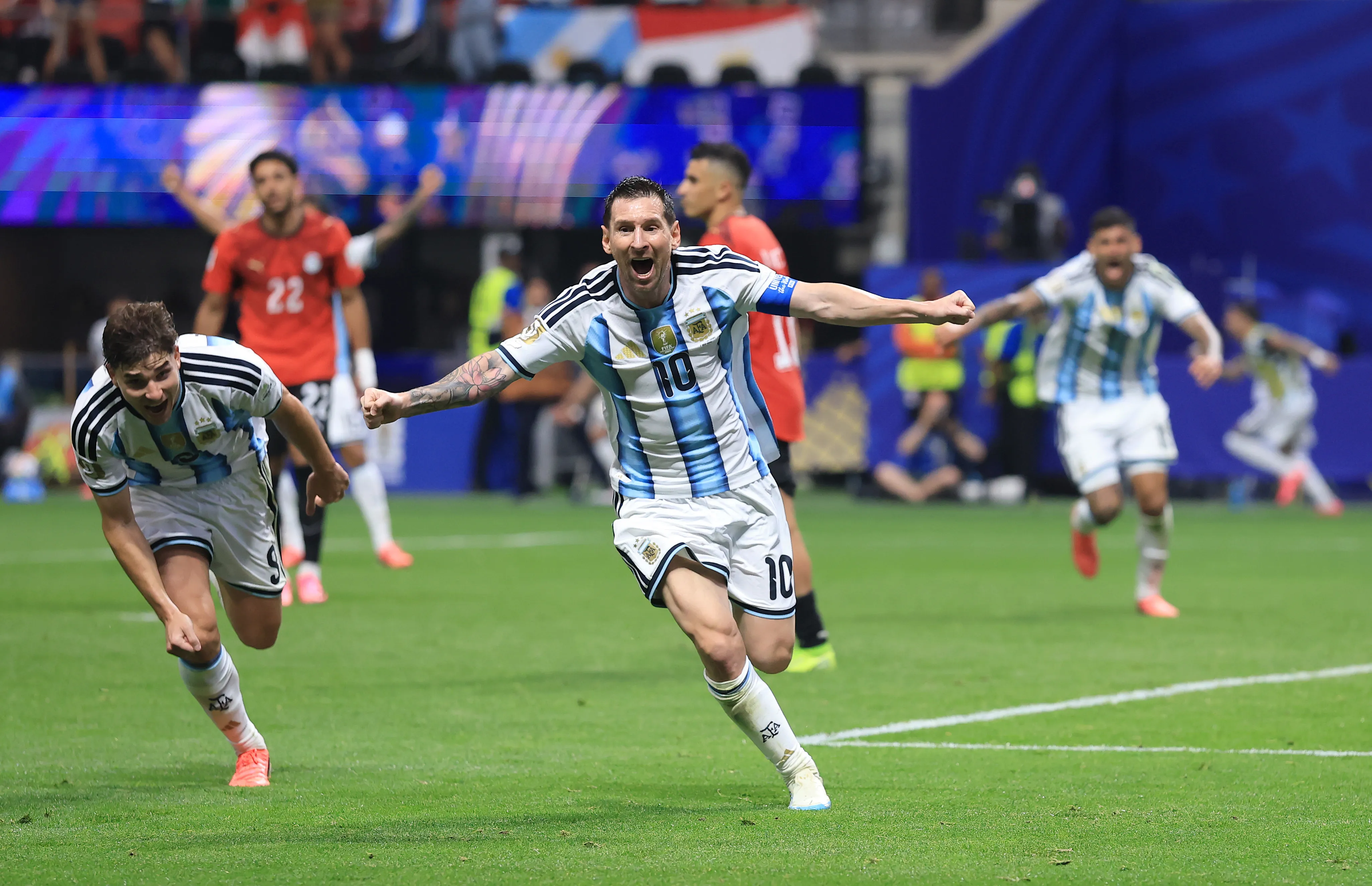 ATLANTA, GEORGIA – JULY 07: Lionel Messi #10 of Argentina celebrates scoring his team’s second goal during the FIFA World Cup 2026 Round of 16 match between Argentina and Egypt at Atlanta Stadium on July 07, 2026 in Atlanta, Georgia. (Photo by Elsa/Getty Images)