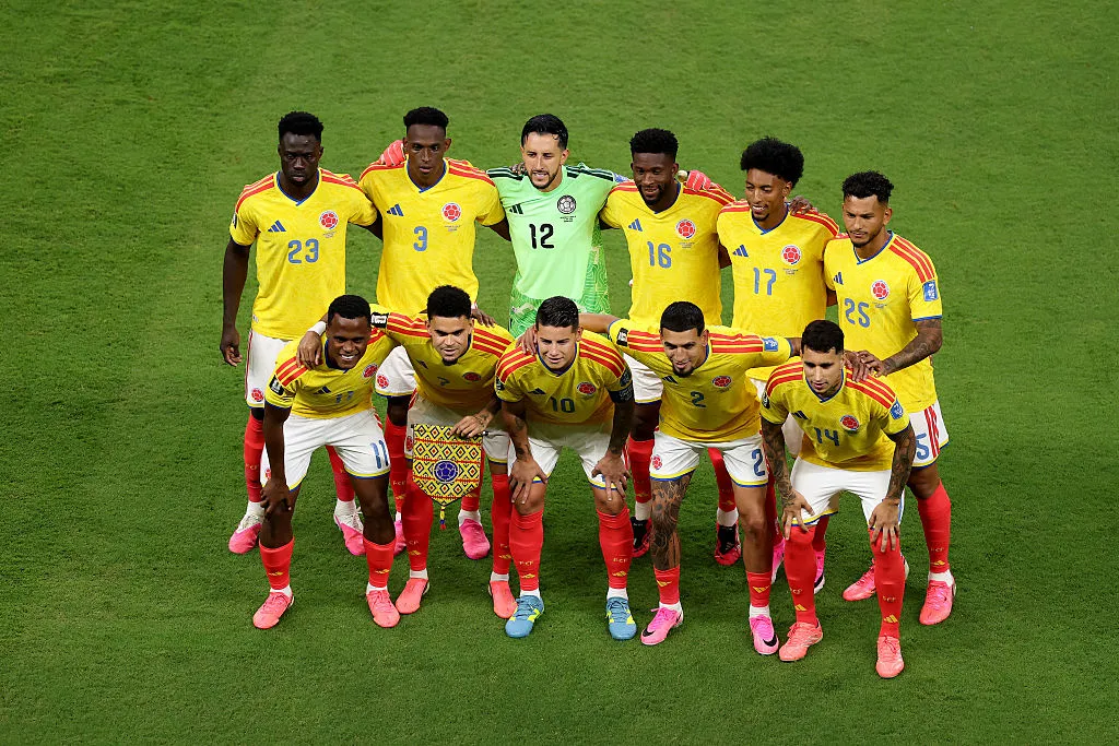 ZAPOPAN, MEXICO – JUNE 23: Colombia players pose for a team photograph before the FIFA World Cup 2026 Group K match between Colombia and Congo DR at Guadalajara Stadium on June 23, 2026 in Zapopan, Mexico. (Photo by Luke Hales/Getty Images)