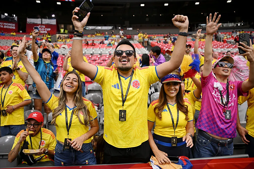 VANCOUVER, CANADA - JULY 07: Colombia fans cheer in the stands before the FIFA World Cup 2026 Round of 16 match between Switzerland and Colombia at BC Place Vancouver on July 07, 2026 in Vancouver, British Columbia, Canada. (Photo by David Ramos/Getty Images)