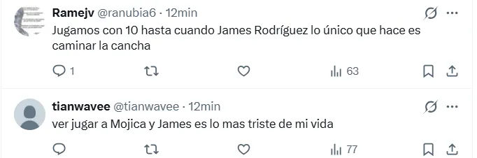 Los comentarios contra James en X. (Captura de pantalla)