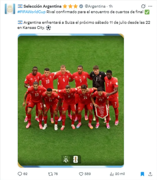 Post de Argentina sobre los cuartos de final. (Foto: X / @Argentina)
