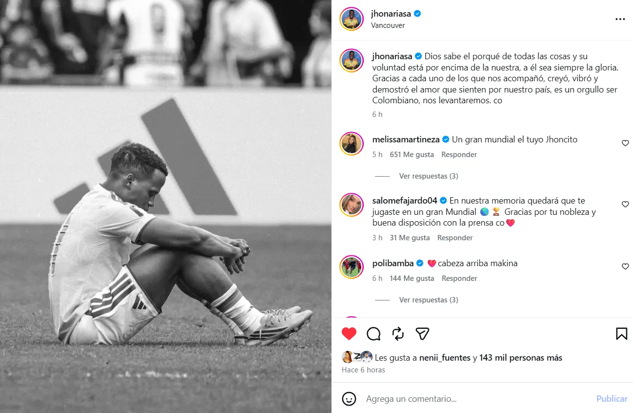 Post de Arias. (Foto: Instagram / @ jhonariasa)