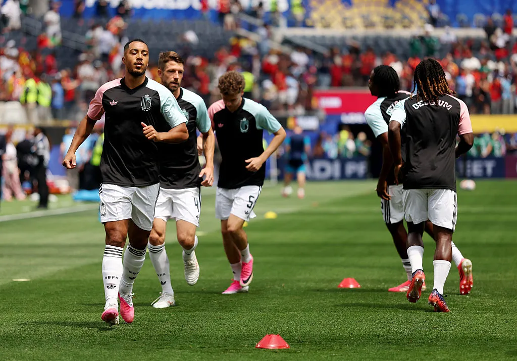 INGLEWOOD, CALIFORNIA – JULY 10: Youri Tielemans #8 of Belgium warms up before the FIFA World Cup 2026 Quarter Final match between Spain and Belgium at Los Angeles Stadium on July 10, 2026 in Inglewood, California. (Photo by Luke Hales/Getty Images)