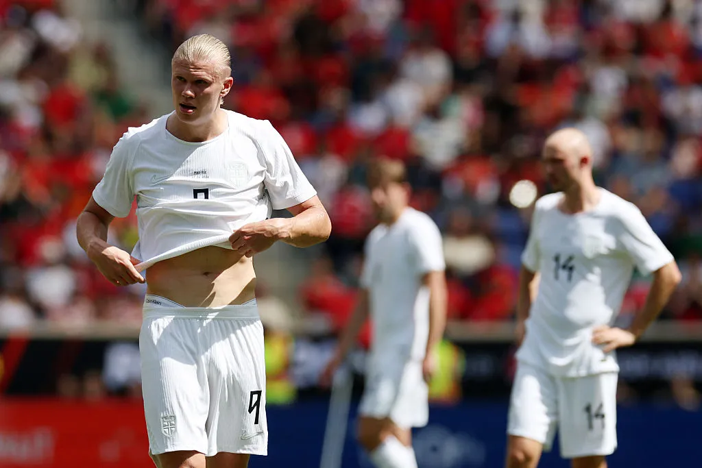HARRISON, NEW JERSEY – JUNE 07: Erling Haaland of Norway reacts during the international friendly match between Morocco and Norway at Sports Illustrated Stadium on June 07, 2026 in Harrison, New Jersey. (Photo by Vincent Carchietta/Getty Images)