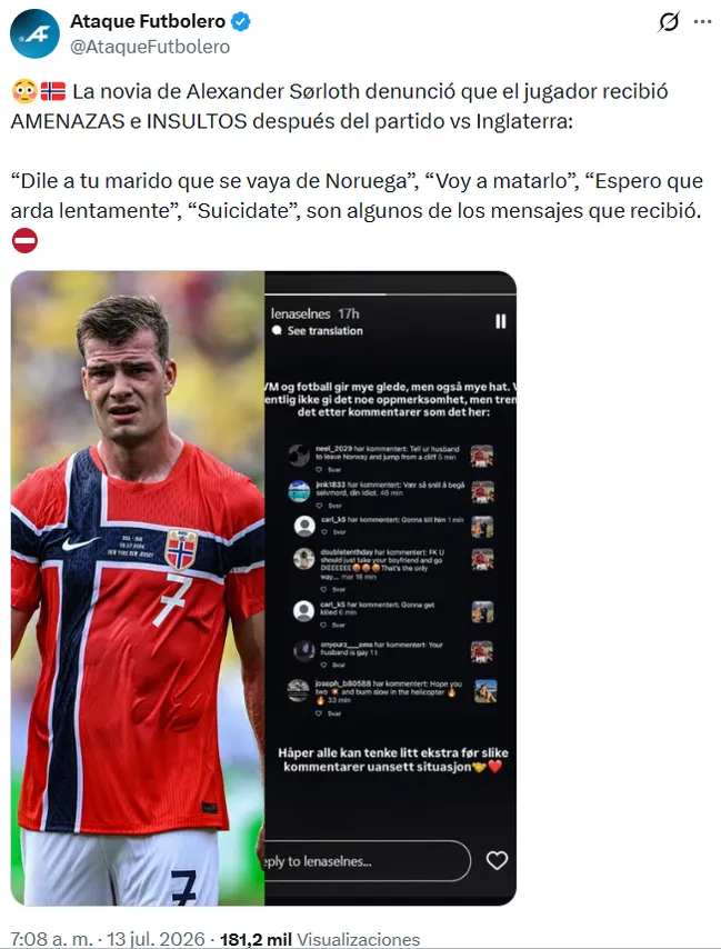 Las amenazas contra Sorloth en el Mundial 2026. (Captura de pantalla)