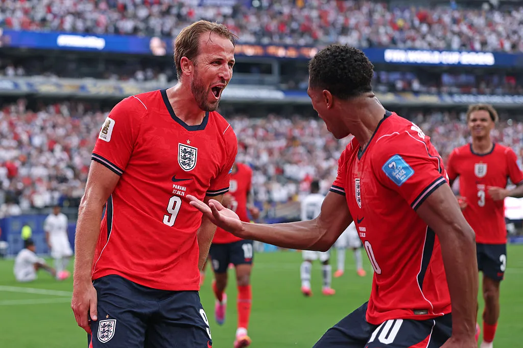 EAST RUTHERFORD, NEW JERSEY – JUNE 27: Harry Kane #9 of England celebrates with Jude Bellingham #10 after scoring the team’s second goal during the FIFA World Cup 2026 Group L match between Panama and England at New York New Jersey Stadium on June 27, 2026 in East Rutherford, New Jersey. (Photo by Mattia Ozbot/Getty Images)