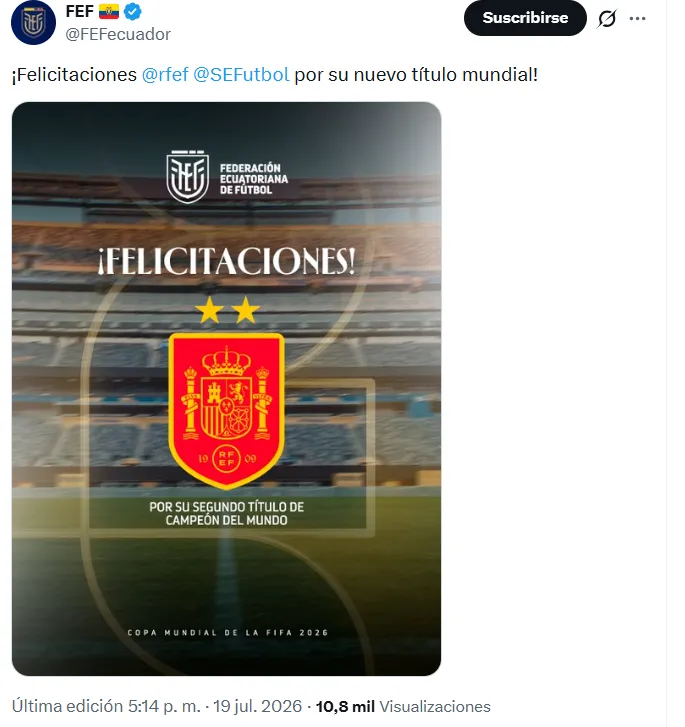 La Federación Ecuatoriana de Fútbol felicitó a España. (Captura de pantalla)