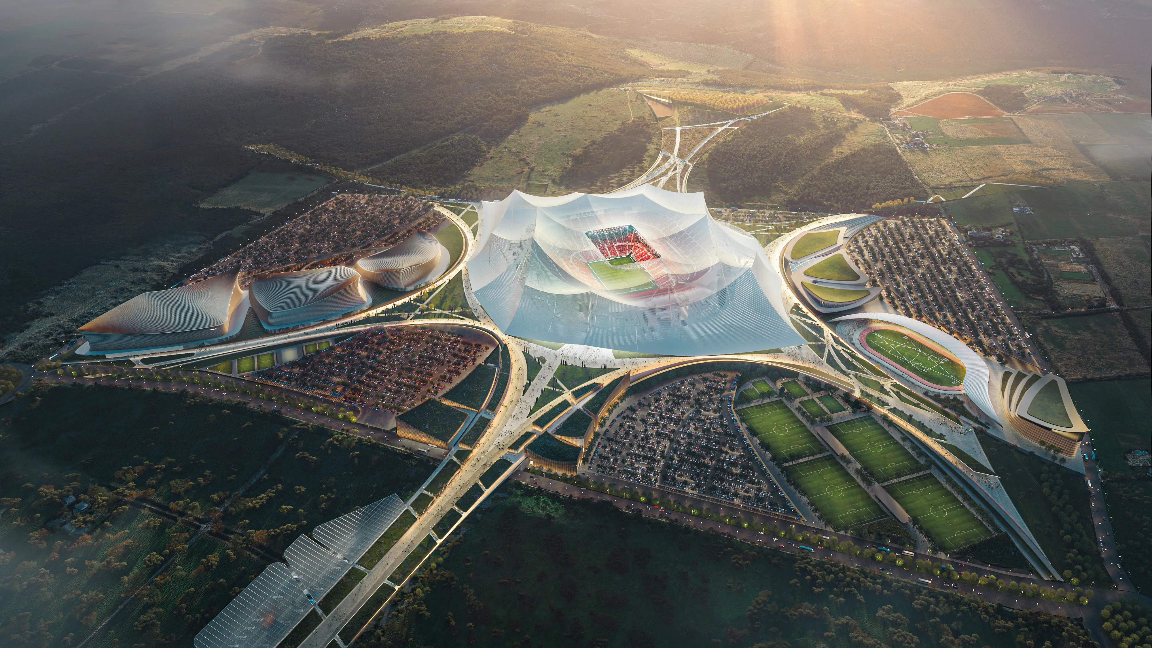 El render del imponente Estadio Hassan II que Marruecos está construyendo para el Mundial 2030 (Getty)