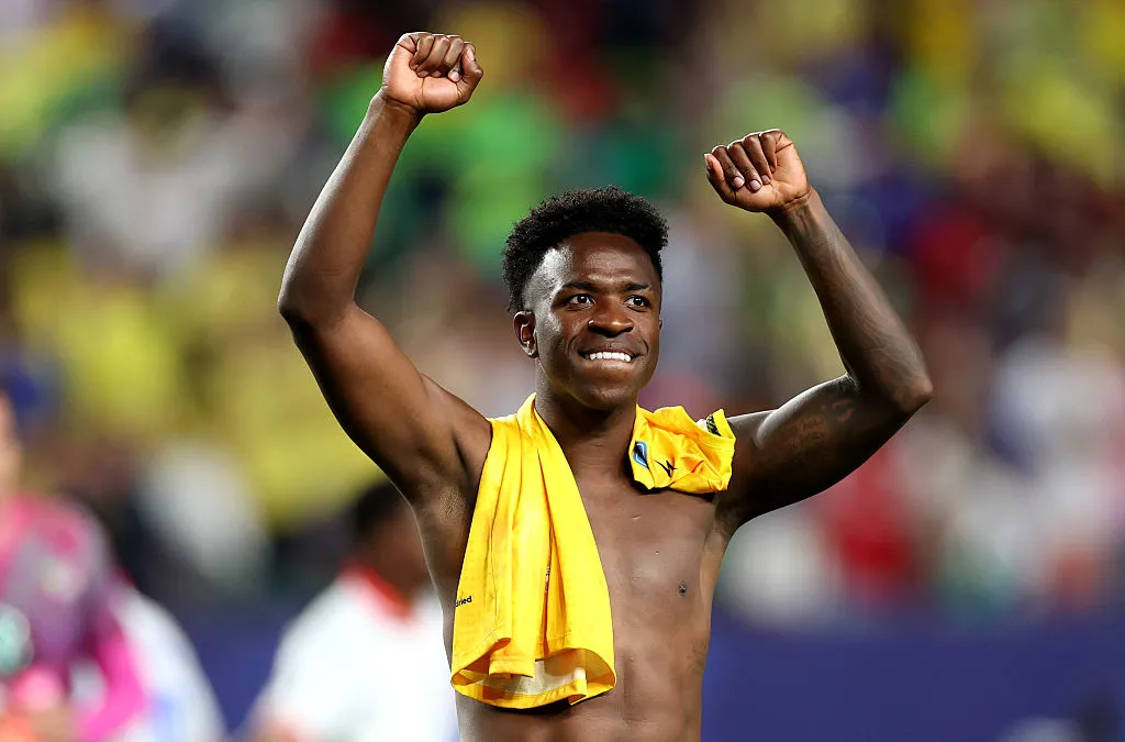 PHILADELPHIA, PENNSYLVANIA – JUNE 19: Vinicius Junior #7 of Brazil celebrates after the 3-0 win during the FIFA World Cup 2026 Group C match between Brazil and Haiti at Philadelphia Stadium on June 19, 2026 in Philadelphia, Pennsylvania. (Photo by Dan Mullan/Getty Images)