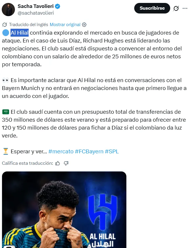 Luis Díaz entra en planes de Al Hilal. (Captura de pantalla)