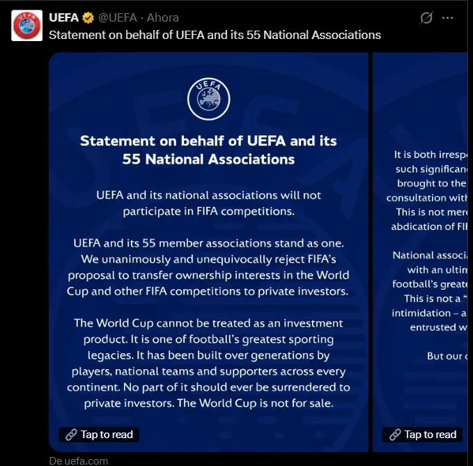 UEFA comunicado sobre la intención de vender acciones del Mundial como activo.