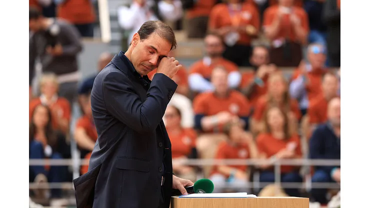 PARIS, FRANCE - MAY 25: Rafael Nadal appears emotional after being greeted by Roger Federer, Novak Djokovic and Andy Murray on Court Philippe-Chatrier during a ceremony held in his honour on Day One of the 2025 French Open at Roland Garros on May 25, 2025 in Paris, France. (Photo by Adam Pretty/Getty Images)