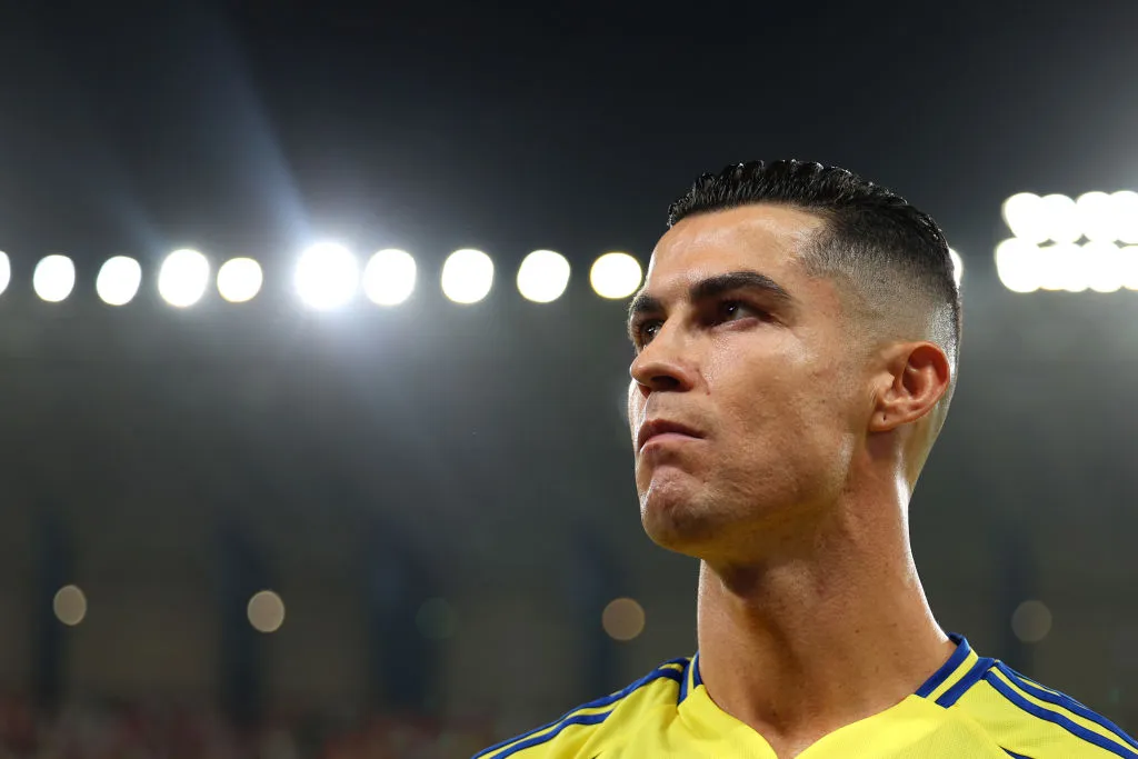 RIYADH, SAUDI ARABIA – NOVEMBER 01:  Cristiano Ronaldo of Al Nassr looks on prior to the Saudi Pro League match between Al-Nassr v Al-Hilal at Al -Awwal Stadium on November 01, 2024 in Riyadh, Saudi Arabia. (Photo by Yasser Bakhsh/Getty Images)
