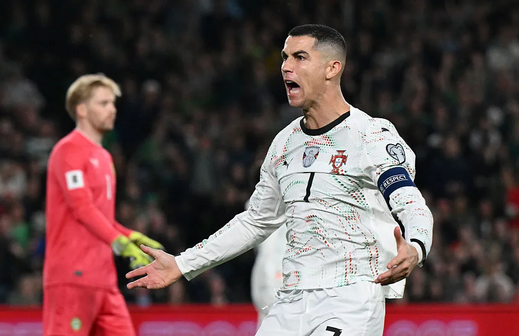 DUBLIN, IRELAND – NOVEMBER 13: Cristiano Ronaldo of Portugal reacts during the FIFA World Cup 2026 qualifier match between Republic of Ireland and Portugal at Aviva Stadium on November 13, 2025 in Dublin, Ireland. (Photo by Charles McQuillan/Getty Images)
