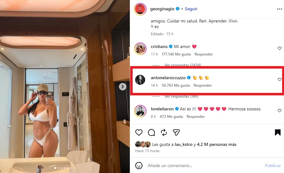 Reacción de Antonela al post de Georgina. (Foto: Instagram @georginagio)