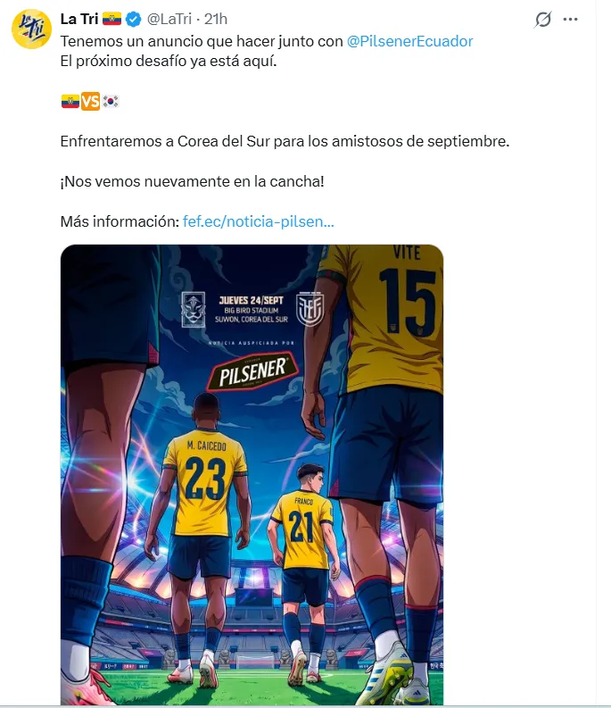 Ecuador confirmó su amistoso contra Corea del Sur. (Captura de pantalla)