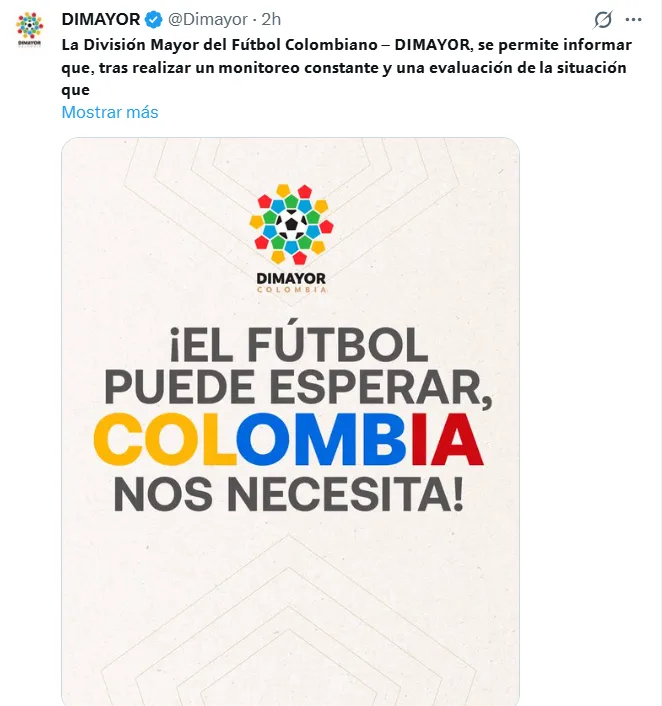 La decisión de la DIMAYOR de suspender toda la jornada de fútbol en Colombia. (Captura de pantalla)