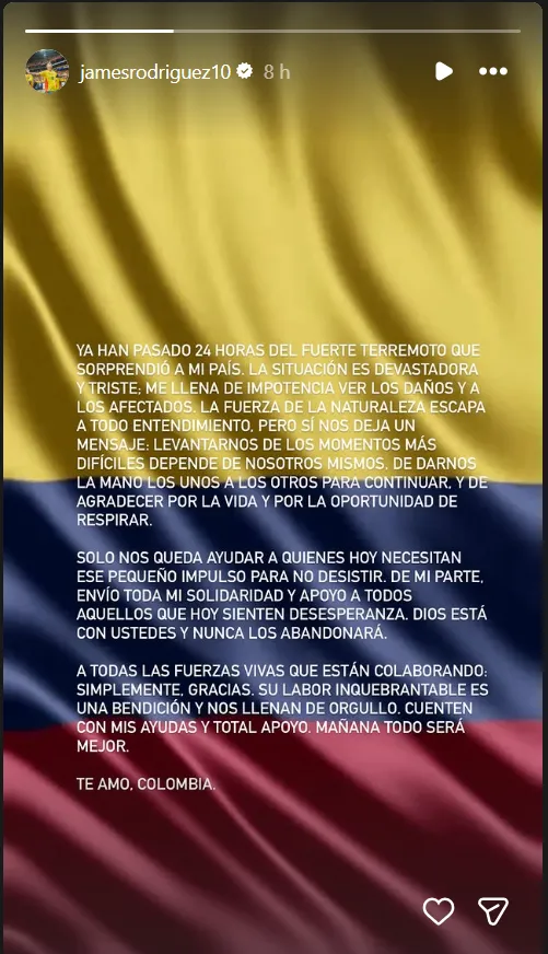 El mensaje de James en sus cuentas oficiales. (Captura de pantalla)