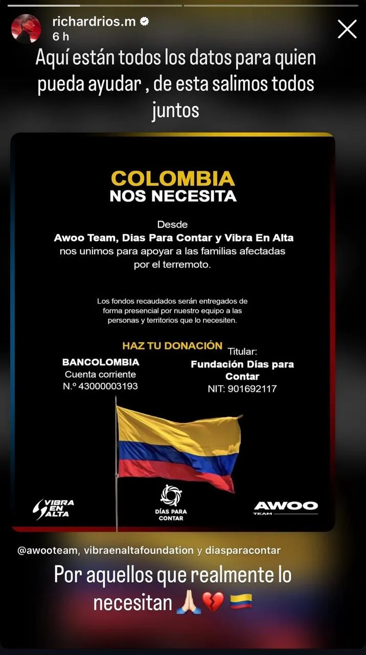 Post de Ríos para buscar donaciones. (Foto: Instagram / @richardrios.m)