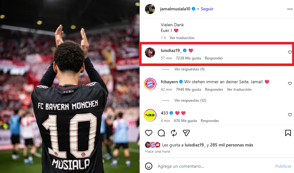 Reacción de Luis Díaz a la confesión de Musiala. (Foto: Instagram / @jamalmusiala10)