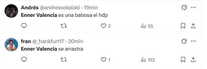 Los comentarios de los hinchas contra Enner Valencia. (Captura de pantalla)