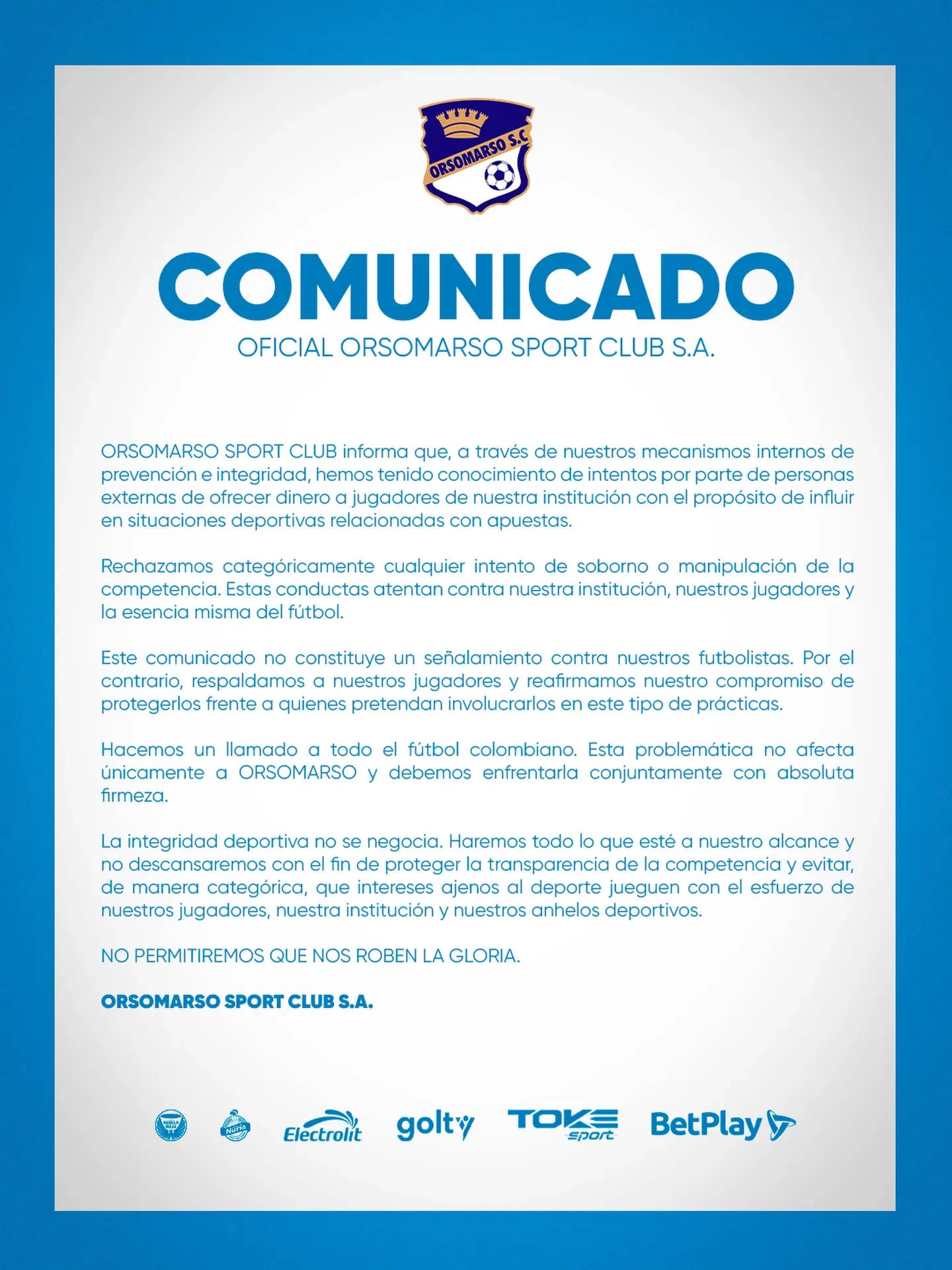 Orsomarso SC comunicado oficial.