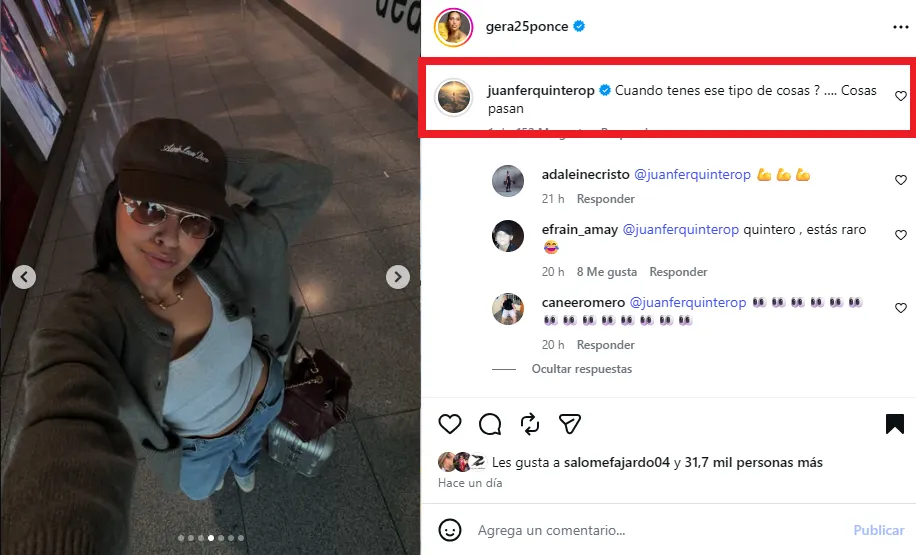 Comentario de Juanfer a esposa de Luis Díaz. (Foto: Instagram / @gera25ponce)